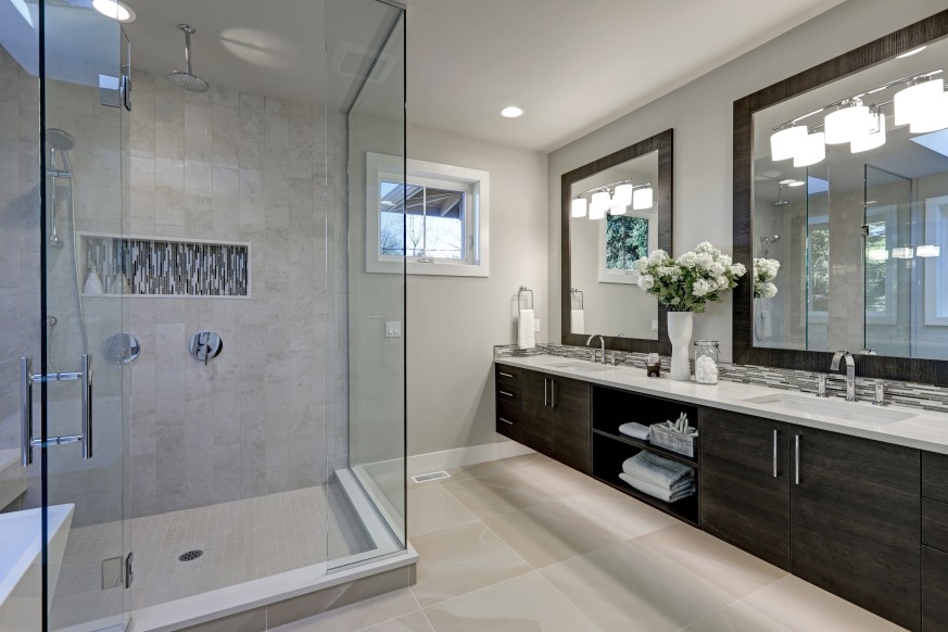 Modern bathroom with shower and double vanity